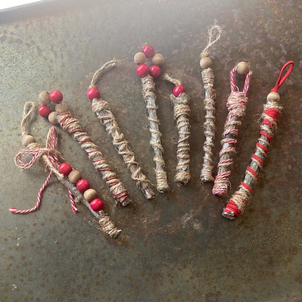 Handcrafted Christmas Rustic Stick Ornaments w/ Twine and Beads— Set of 8